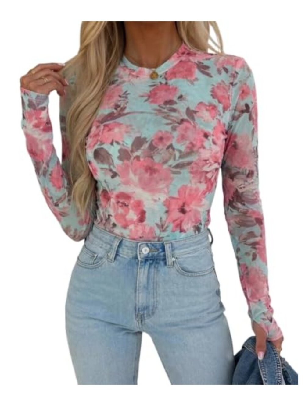 Mesh Long Sleeve Sheer Top Thumbholes Fitted Blouse Party